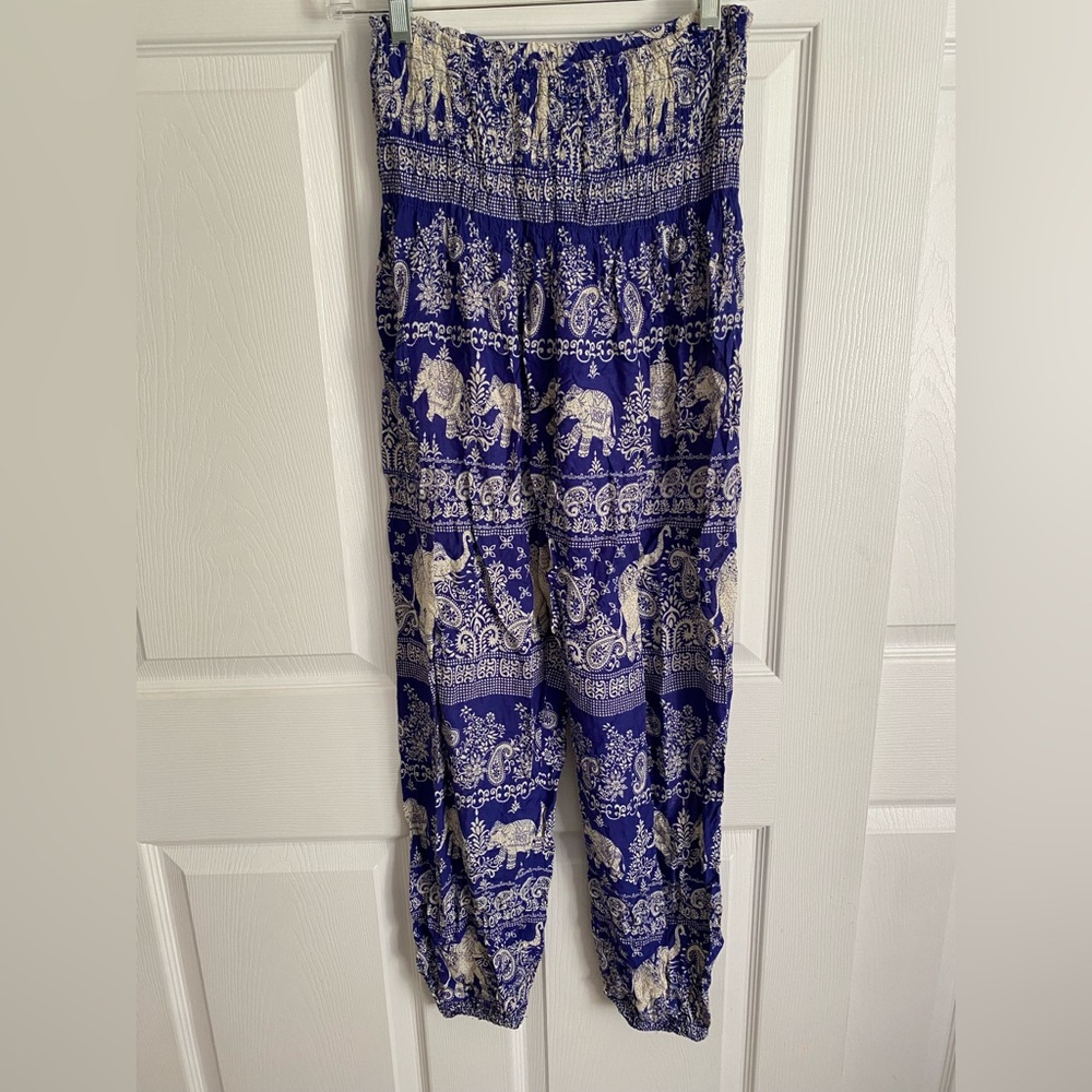 Elephant Pants Lightweight BlueWhite Paisley Bohemian Print Joggers ElasticWaist
